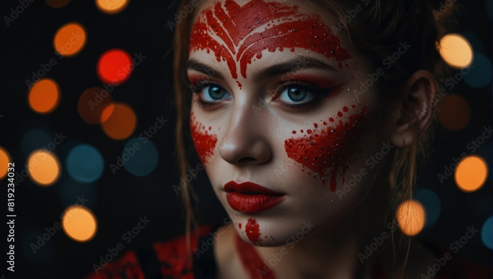 A woman with red face paint and a black background,. A woman with red face paint and a black background,.