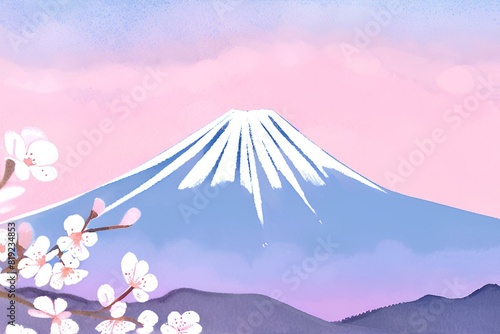 A photo of white cherry blossoms with a blue sky and Fuji mountain, Spring time, Watercolor