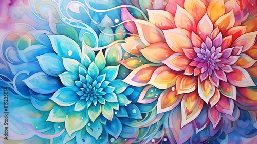 A dynamic watercolor background with layers of vibrant colors and intricate patterns, like a kaleidoscope come to life.