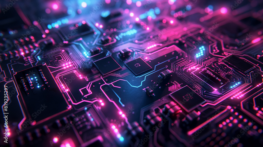 A computer chip is shown in a neon color scheme A computer chip is shown in a neon color scheme