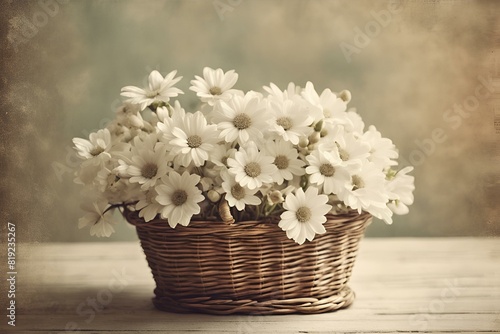 A vintage-style photo of white flowers arranged in a vintage basket