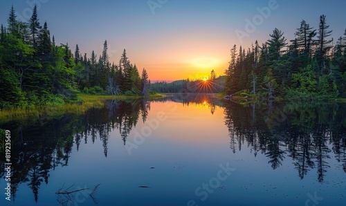 Forest lake reflection at sunset © Olha