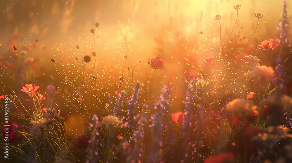 A field of flowers with a focus on petal textures, under the golden hour light, creating a warm glow, Natural, Warm, Realistic A field of flowers with a focus on petal textures, under the golden hour light, creating a warm glow, Natural, Warm, Realistic