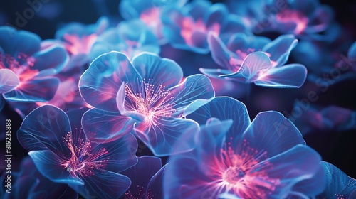 A futuristic holographic display of flower petals  glowing with neon lights against a dark background  Futuristic  Neon  High Tech