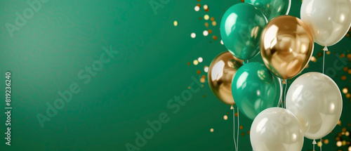 Beautiful happy birthday green color background with golden green white ballons and confetti, celebration, party,, new, year, christmas, xmas, greeting card