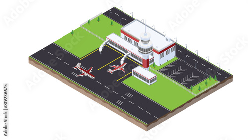 isometric scene of transport airplane and control tower terminal