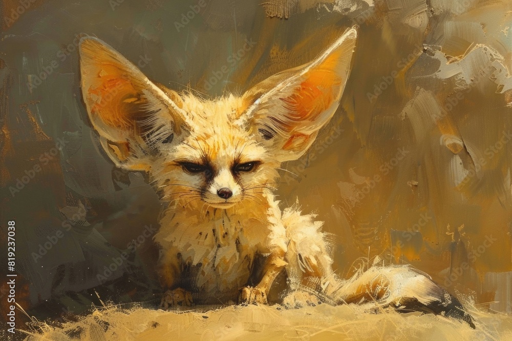 Detailed painting of a fennec fox sitting on the ground. Suitable for wildlife enthusiasts