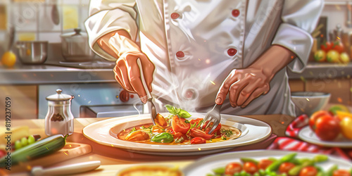 A chef deftly prepares a sumptuous meal, their kitchen filled with the aroma of tantalizing flavors photo