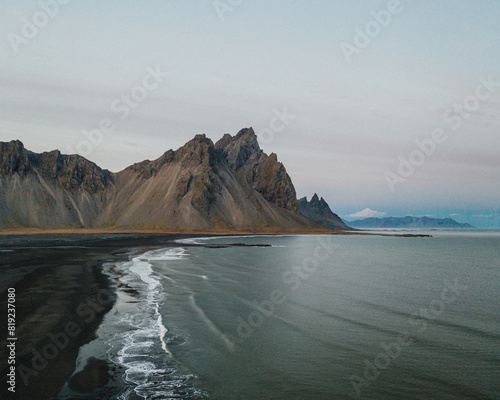 Dramatic view of Vestrahorn mountains and black sand beach at Stokksnes, South East Iceland