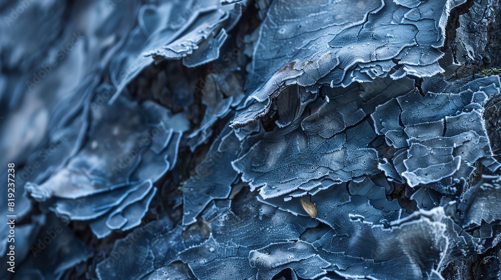 Closeup of bark with frost patterns and icy blue hues, evoking a cold winter atmosphere, Realism, Macro Photography, Cool Tones Closeup of bark with frost patterns and icy blue hues, evoking a cold winter atmosphere, Realism, Macro Photography, Cool Tones
