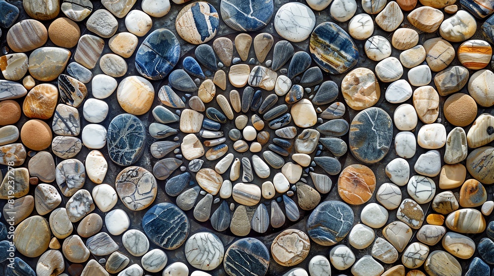 Closeup of a pebble mosaic, intricately arranged in a circular pattern, creating a beautiful natural design, Illustration, Multicolor, High detail Closeup of a pebble mosaic, intricately arranged in a circular pattern, creating a beautiful natural design, Illustration, Multicolor, High detail
