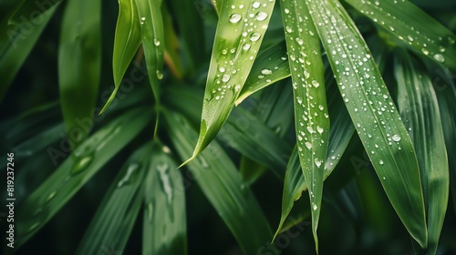 Closeup of bamboo leaves with droplets of water  capturing the freshness of a rainforest  Realism  Cool Tones  Detailed