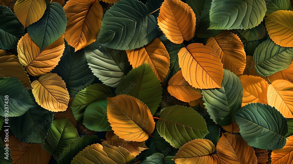 Closeup of leaves in various shades of green and yellow, capturing the subtle changes of early autumn, Hyperrealistic, Warm Tones, High Resolution Closeup of leaves in various shades of green and yellow, capturing the subtle changes of early autumn, Hyperrealistic, Warm Tones, High Resolution