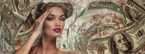 Vintage money swirls around a supermodel, elegance captured in timeless wealth photo