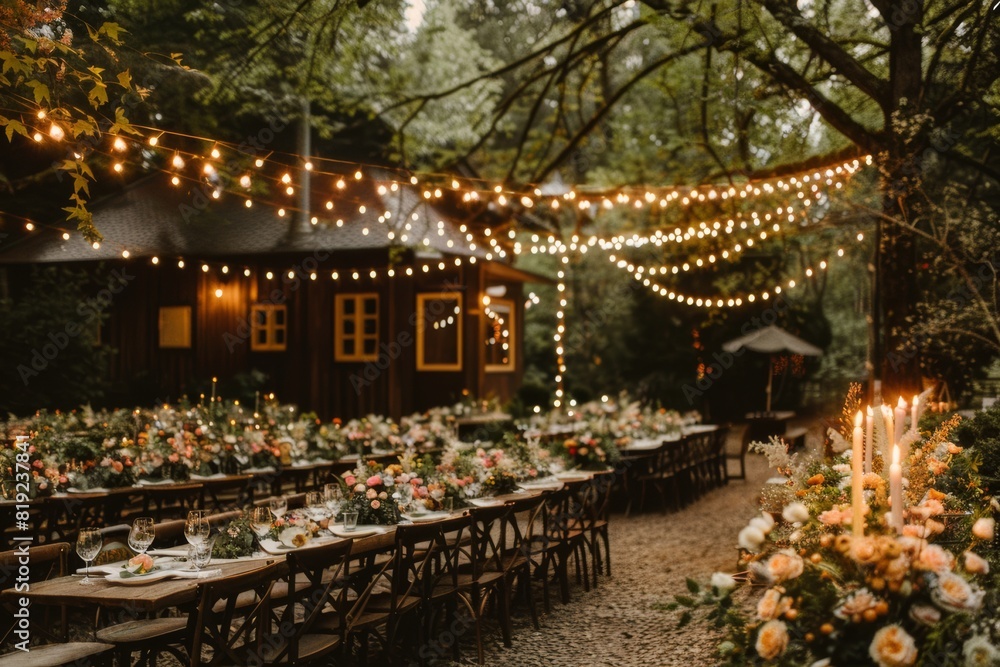 elegant cozy outdoor wedding decoration with lights and flowers in peach fuzz color of the year palette elegant cozy outdoor wedding decoration with lights and flowers in peach fuzz color of the year palette