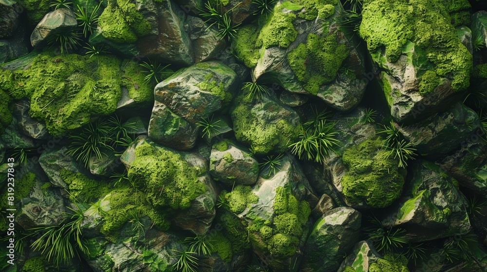 Detailed texture of moss on rocks in a forest, Surreal, Bright greens and browns, 3D rendering Detailed texture of moss on rocks in a forest, Surreal, Bright greens and browns, 3D rendering