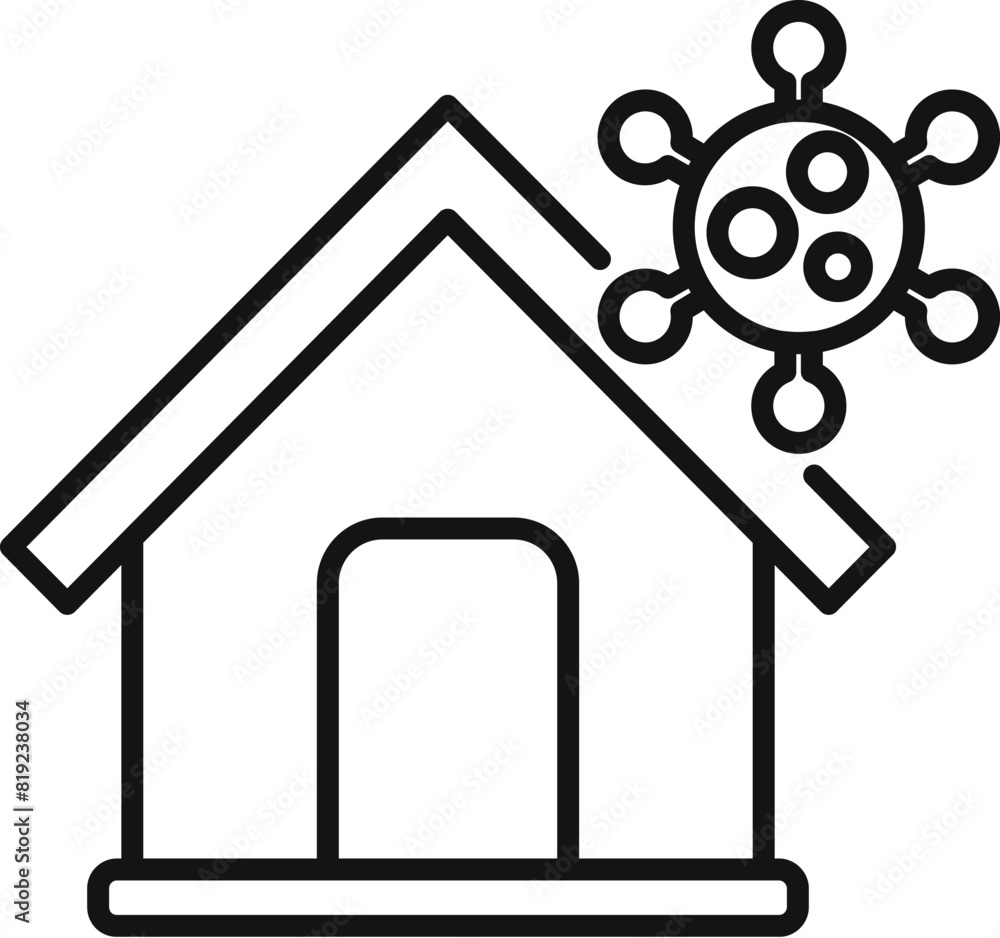 Simple line icon depicting a house with a virus symbol, representing staying safe at home during a health crisis Simple line icon depicting a house with a virus symbol, representing staying safe at home during a health crisis