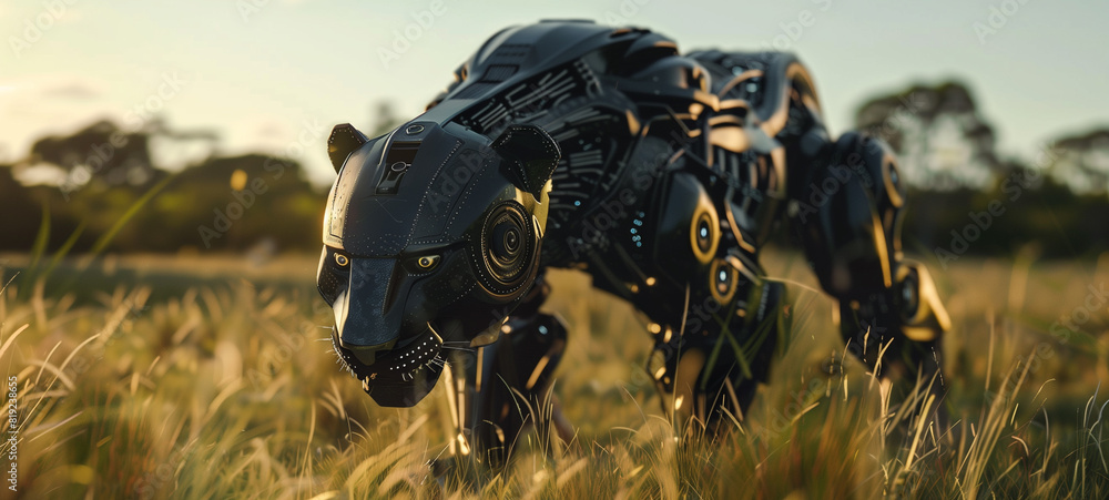A robot panther made of black and gold metal stands in the grass A robot panther made of black and gold metal stands in the grass