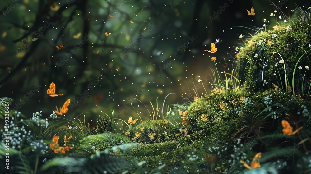 Grass and moss with hidden tiny creatures, Magical, Earthy tones, Illustration Grass and moss with hidden tiny creatures, Magical, Earthy tones, Illustration