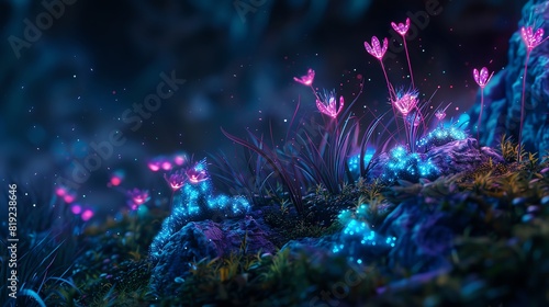 Grass and moss with bioluminescent flowers  Scifi  Neon colors  Digital art