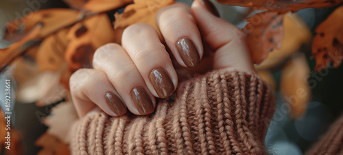 A beautiful woman's hand with a perfect brown manicure, wearing a knitted sweater, with autumn leaves in the background