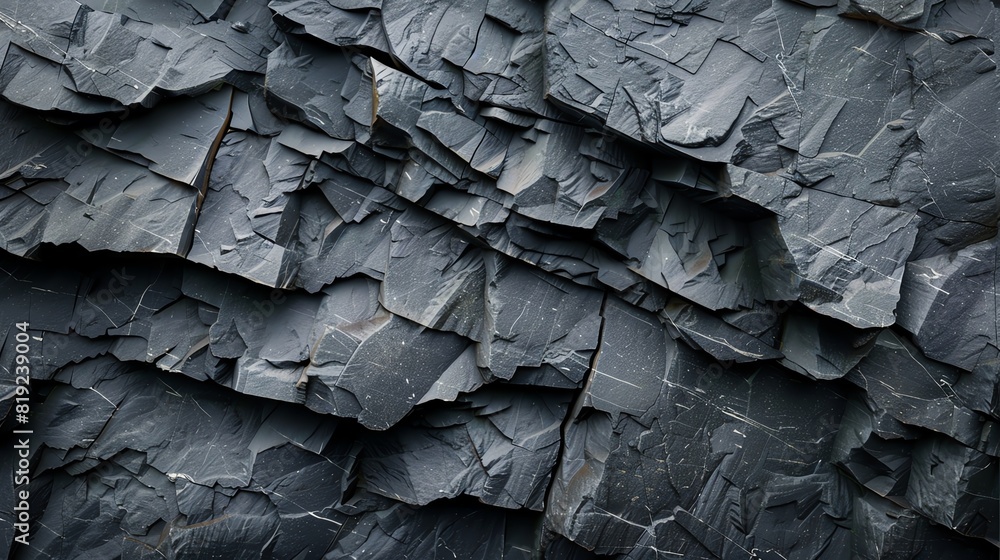 Layered slate rock with sharp, defined edges, creating a striking visual texture, Realistic, Dark tones, High resolution Layered slate rock with sharp, defined edges, creating a striking visual texture, Realistic, Dark tones, High resolution