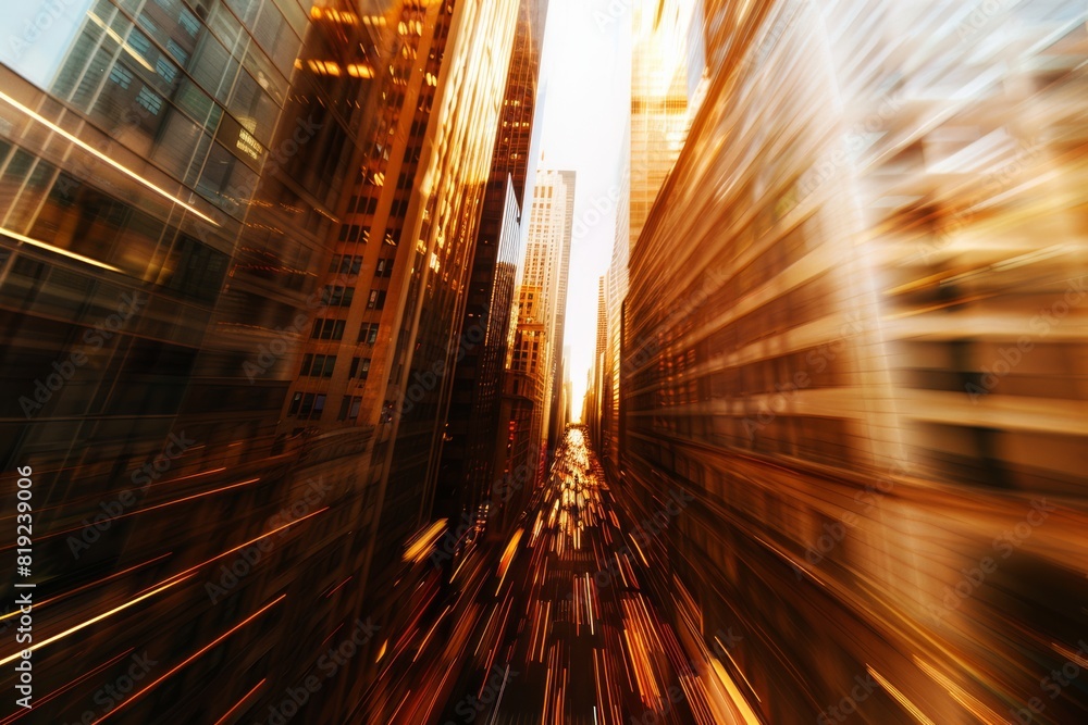 skyscrapers in the city with horizontal motion blur background in brown golden color palette. Financial business center. Investment, money and trading. 