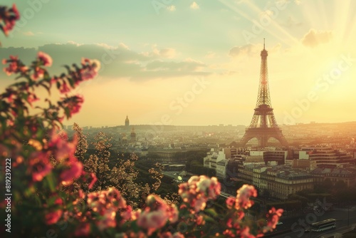 view on eiffel tower in Paris at sunrise or sunset with pink blossoms on the left and copy space right 