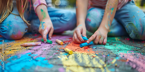 Selective Focus A Child Uses Chalk To Draw A House And Rainbow On The Asphalt Photo Background