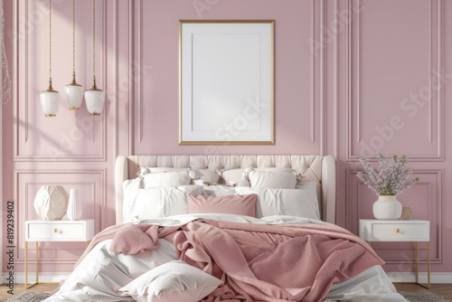 Mockup poster frame in luxury bedroom interior, 3d render, Lavender background. © Vladyslav  Andrukhiv