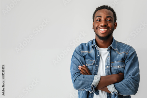 Studio portrait of smiling young black man wearing jean shirt. © Pierre