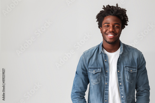 Studio portrait of smiling young black man wearing jean shirt. © Pierre