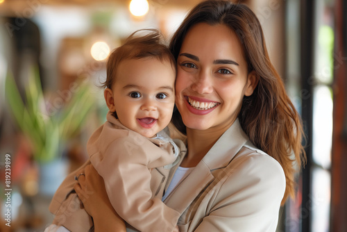 Portrait of young businesswoman with baby. © Pierre