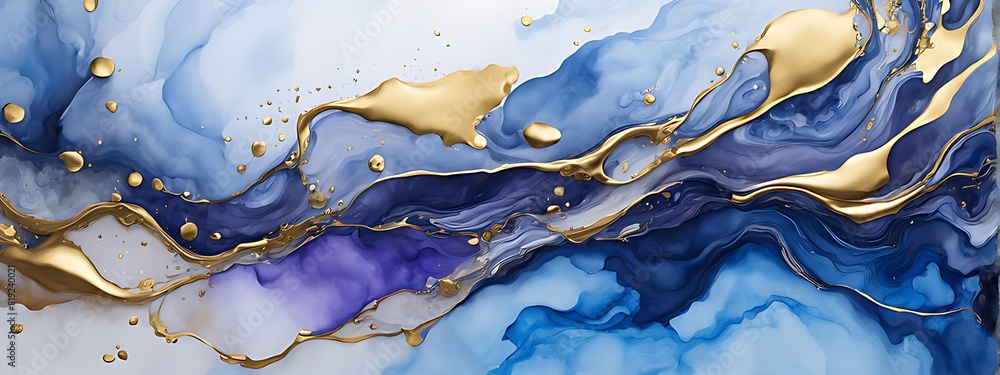 Ink Abstract Gold Paint Background: Watercolor Stone Water, Luxury Liquid Texture Marble. Modern Abstract Ink Pattern with Ocean Glitter, Black Design, Blue Light Brush Over Sea and Sky.