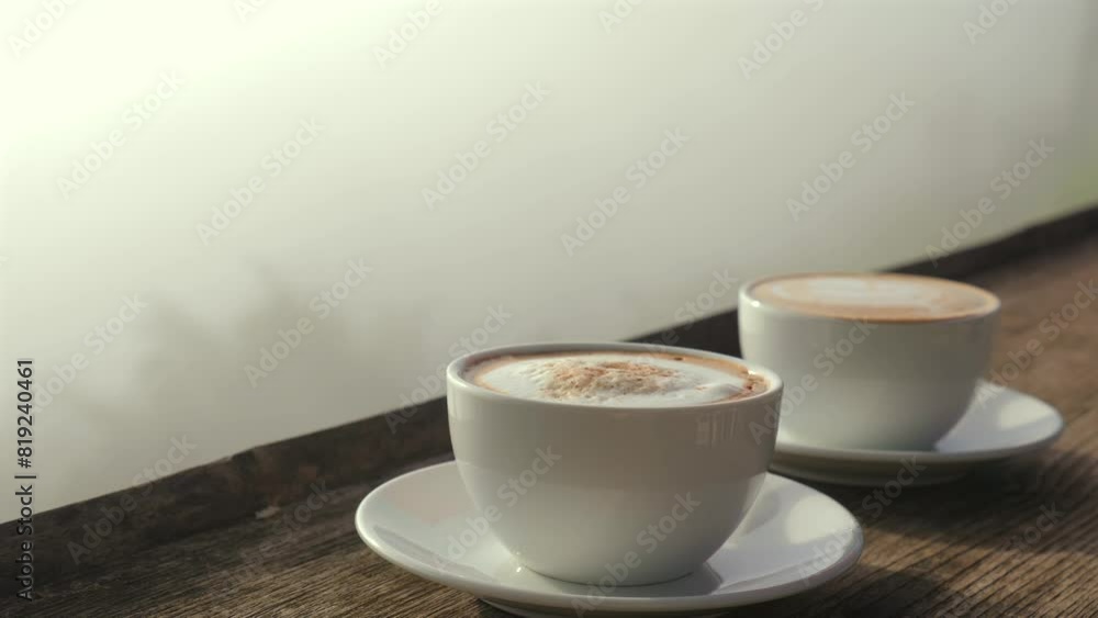 Two steaming cups of hot coffee with frothy milk on wooden table in cozy setting by window. Soft natural light creates warm and inviting ambiance. Perfect setting for relaxing morning or afternoon Two steaming cups of hot coffee with frothy milk on wooden table in cozy setting by window. Soft natural light creates warm and inviting ambiance. Perfect setting for relaxing morning or afternoon