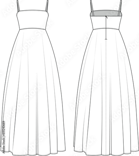 slleveless square neck shoulder spaghetti straps strapped strappy fit and flared midi long maxi gown wedding dress template technical drawing flat sketch cad mockup fashion woman design style model 