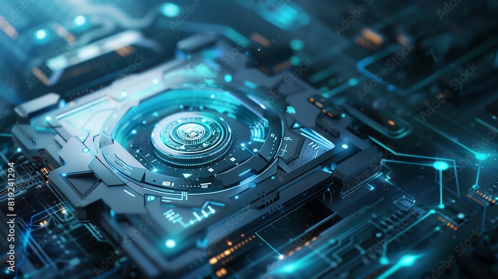 Futuristic circuit board with glowing blue lights, showcasing advanced technology and intricate electronic components in a high-tech environment. Futuristic circuit board with glowing blue lights, showcasing advanced technology and intricate electronic components in a high-tech environment.