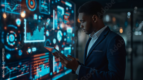 A man in a suit is looking at a computer screen with a tablet in his hand