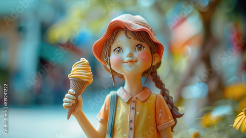  Modeling clay figure. Portrait of a little girl holding an ice cream in the street