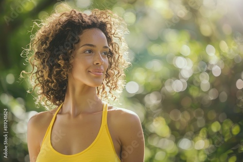 Woman with curly hair in yellow sports bra posing for a picture outdoors in sunlight