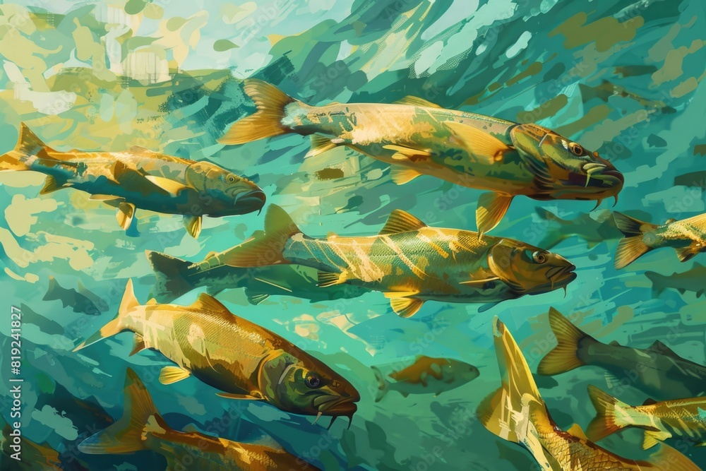 A painting of fish swimming in water. Suitable for aquatic themes A painting of fish swimming in water. Suitable for aquatic themes