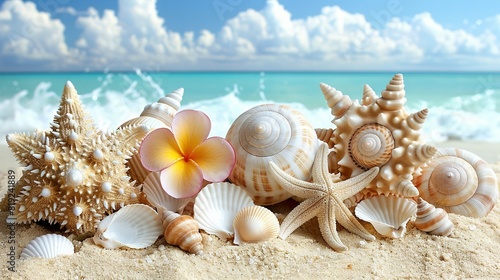   A collection of shells and starfish on a sandy shore beneath a clear sky and overlooking an azure sea © Anna