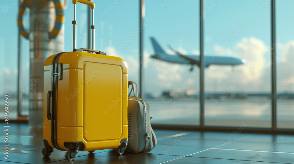 A yellow suitcase and a gray backpack are next to each other on the airport floor, with an airplane in flight outside A yellow suitcase and a gray backpack are next to each other on the airport floor, with an airplane in flight outside