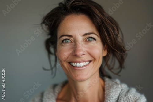 Close-up of a confident woman smiling warmly at the camera, with her eyes radiating joy photo