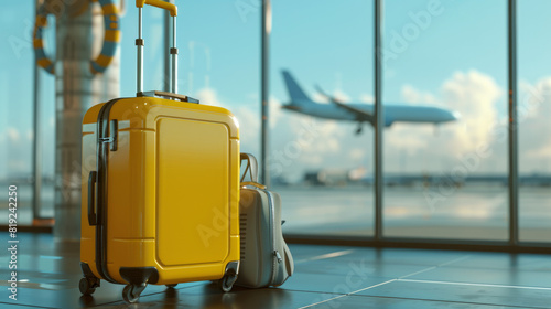 A yellow suitcase and a gray backpack are next to each other on the airport floor, with an airplane in flight outside 