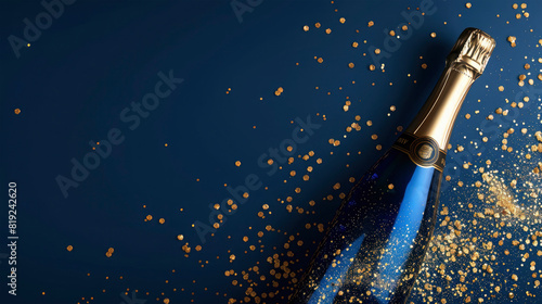 Closeup of champagner bottle wit golden glitter with space for design and text, blue background, celebration, party, birthday, silvester, christmas photo