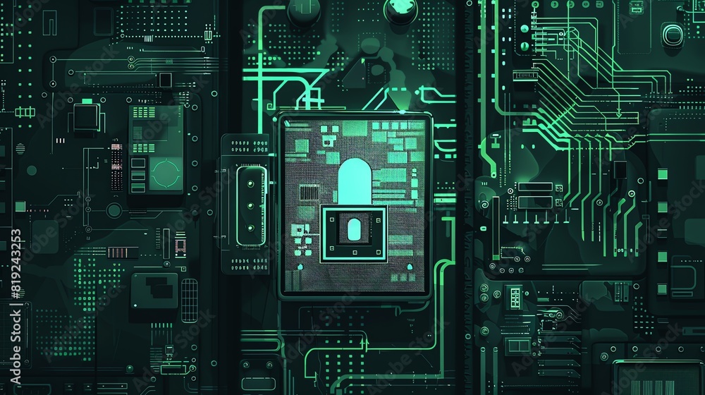 Futuristic circuit board with secure lock icon representing cybersecurity, data protection, and technology. Green color scheme. Futuristic circuit board with secure lock icon representing cybersecurity, data protection, and technology. Green color scheme.