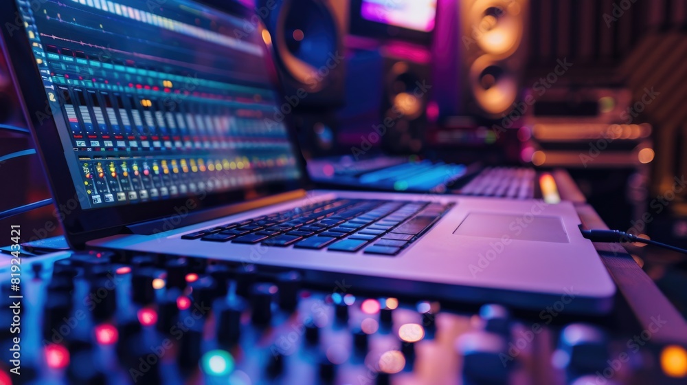 Modern Music Record Studio Control Desk with Laptop Screen Showing User Interface of Digital Audio Workstation Software Modern Music Record Studio Control Desk with Laptop Screen Showing User Interface of Digital Audio Workstation Software
