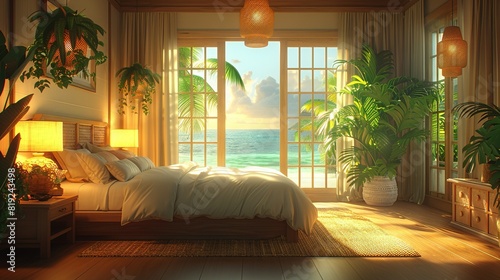   A room with a seashore outlook and a white duvet cover on a wooden base photo
