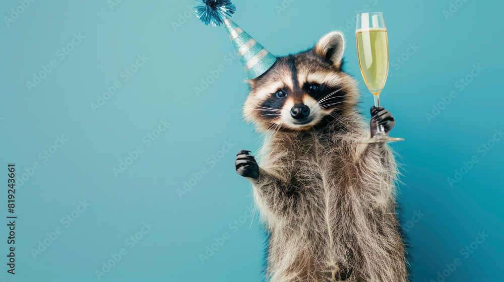 custom made wallpaper toronto digitalCelebration, birthday, silvester raccoon with celebration hat and champagner glass isolated on pastell blue background texture card